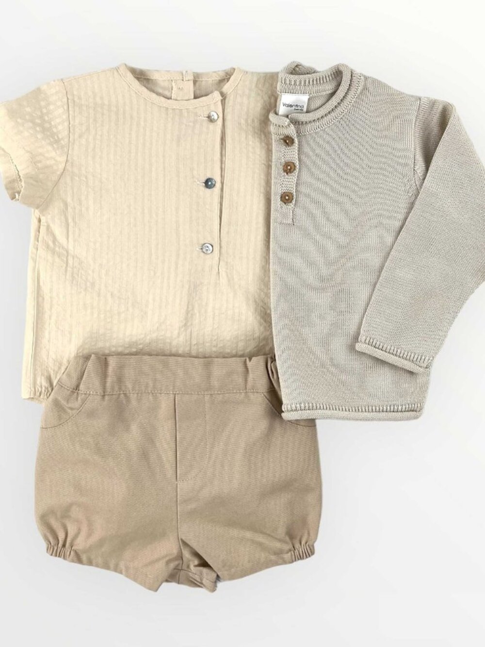 Baby Boys Beige Outfit - Sweater, Ivory Shirt and Khaki Shorts (6M -- 18M)